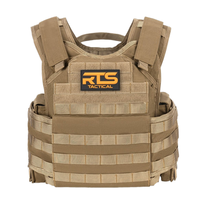Tan tactical vest with horizontal straps and a black logo patch reading "RTS Tactical" in orange.