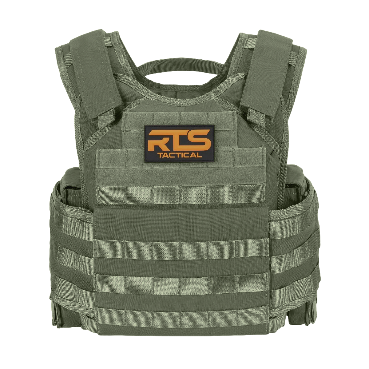 Olive green tactical vest with "RTS Tactical" logo. Features adjustable straps and multiple MOLLE webbing rows for accessory attachment.