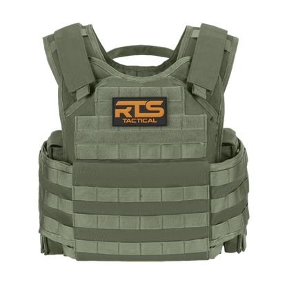 Olive green tactical vest with "RTS Tactical" logo. Features adjustable straps and multiple MOLLE webbing rows for accessory attachment.