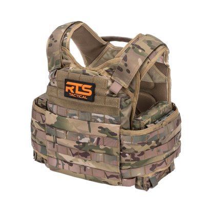 Camouflage tactical vest with durable fabric and molle webbing. The RTS Tactical logo is prominently displayed, conveying a sense of strength.