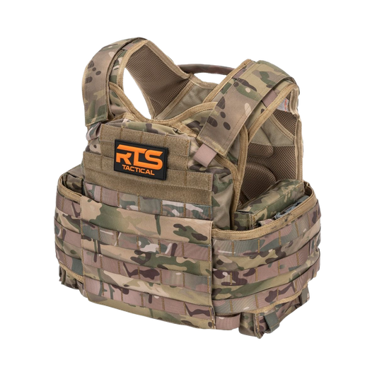 Camouflage tactical vest with durable fabric and molle webbing. The RTS Tactical logo is prominently displayed, conveying a sense of strength.