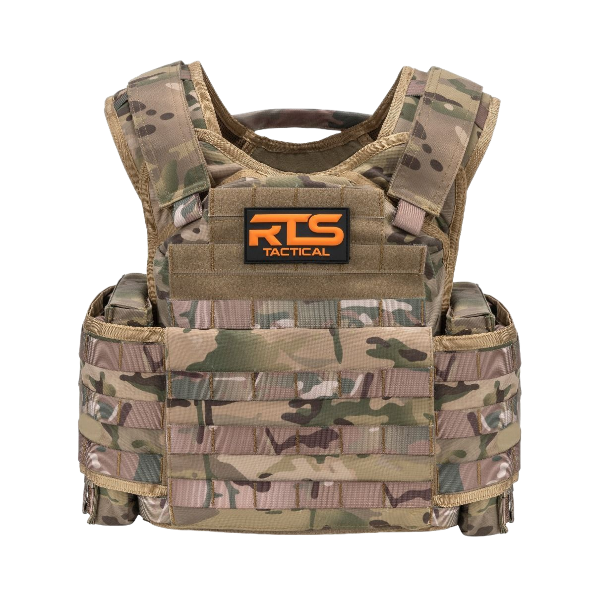 The front of the 11x14 Multicam Premium Plate Carrier vest. 