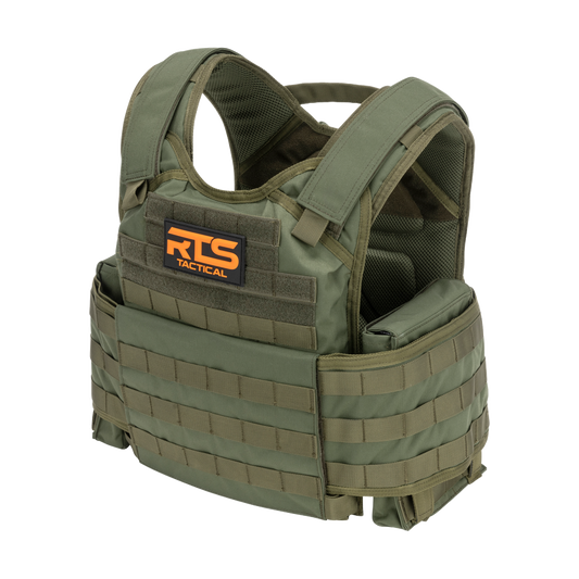 Olive green tactical vest with adjustable straps and multiple pockets, featuring an orange and black "RTS Tactical" logo. Rugged and durable design.