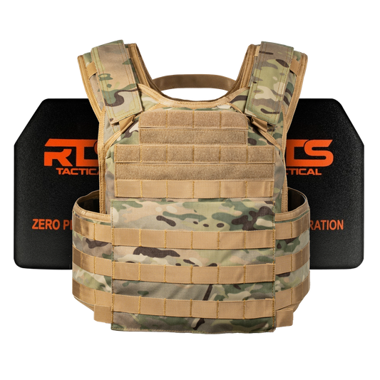A camouflage tactical vest is displayed against a black background, featuring multiple attachment points and secured plates.