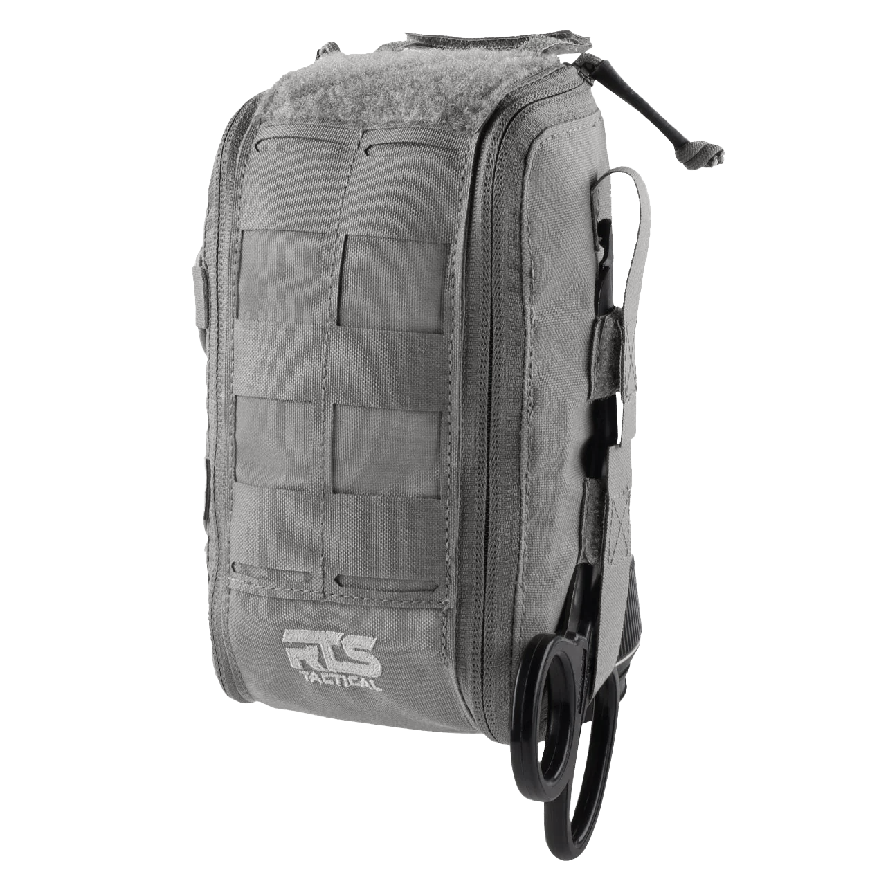 Gray tactical pouch with a MOLLE webbing system, featuring a rugged design. Scissors are attached on the side, conveying utility and readiness.
