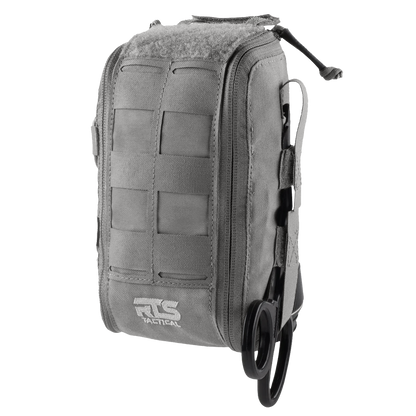 Gray tactical pouch with a MOLLE webbing system, featuring a rugged design. Scissors are attached on the side, conveying utility and readiness.