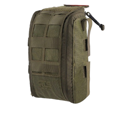 Green tactical pouch with a grid pattern and black zipper. It features webbing for attachments and has a rugged, military-inspired design.