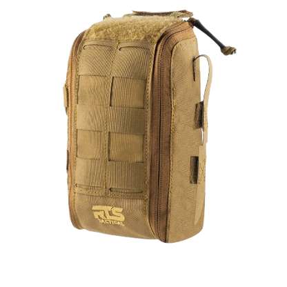 Beige tactical pouch with multiple compartments, zippers, and a MOLLE system. Made from durable material, conveys utility and ruggedness.