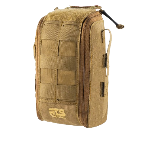 Beige tactical pouch with multiple compartments, zippers, and a MOLLE system. Made from durable material, conveys utility and ruggedness.