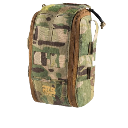 A compact camo tactical pouch with zippers and MOLLE webbing, featuring a small "RS Tactical" logo. The pouch appears rugged and durable.