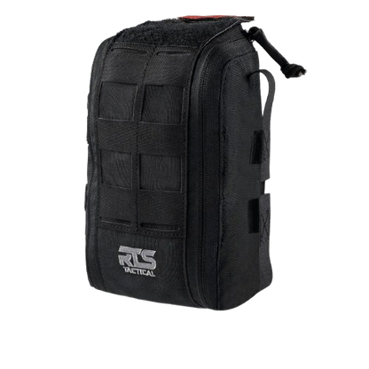 Black tactical pouch with secure zippers and multiple strap loops, displaying a rugged and military-ready design.