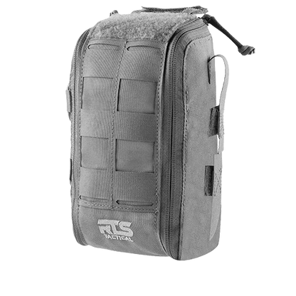 A gray tactical pouch with a zippered closure, featuring MOLLE webbing on the front. The RTS Tactical logo is at the bottom, conveying a rugged design.