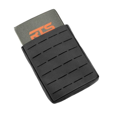 A black tactical pouch with horizontal slits holds a green card displaying orange "RTS" letters. The pouch suggests durability and practicality.
