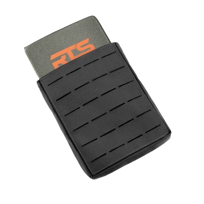 A black tactical pouch with horizontal slits holds a green card displaying orange "RTS" letters. The pouch suggests durability and practicality.