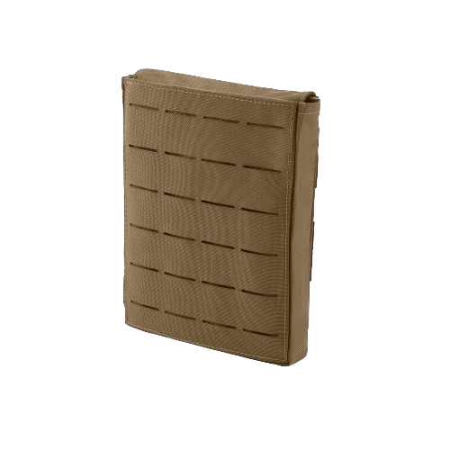 Tan tactical pouch with laser-cut grid pattern, rectangular shape, and durable fabric. Designed for utility and attachment to gear. Minimalistic and functional design.