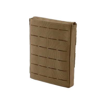 Tan tactical pouch with laser-cut grid pattern, rectangular shape, and durable fabric. Designed for utility and attachment to gear. Minimalistic and functional design.
