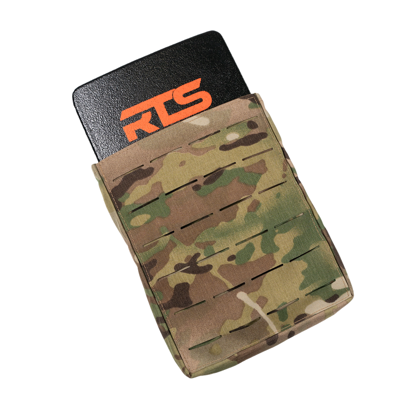 Camouflage-patterned pouch with a partially visible armor plate from RTS Tactical.