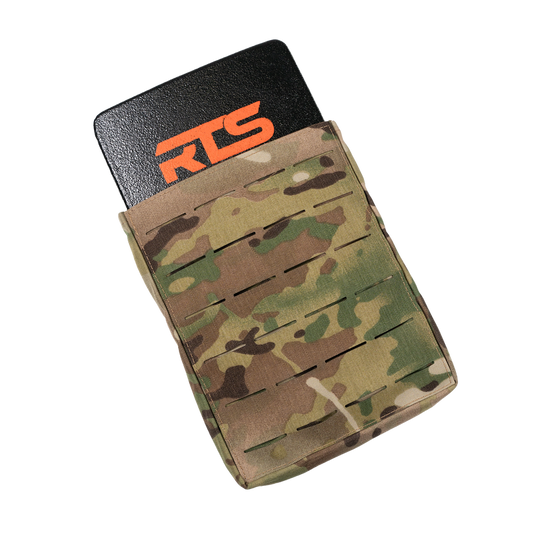 Camouflage-patterned pouch with a partially visible armor plate from RTS Tactical.