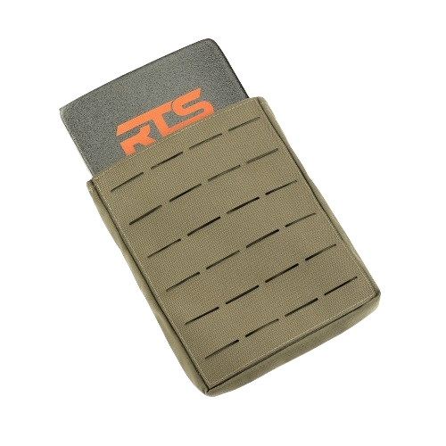 Camouflage-patterned pouch with a partially visible armor plate from RTS Tactical.