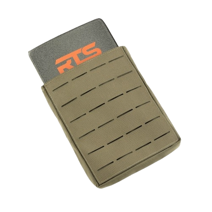 Camouflage-patterned pouch with a partially visible armor plate from RTS Tactical.
