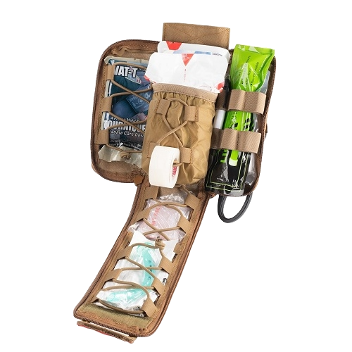 A compact first aid kit open to display various supplies, including bandages, gauze, tape, and tools.