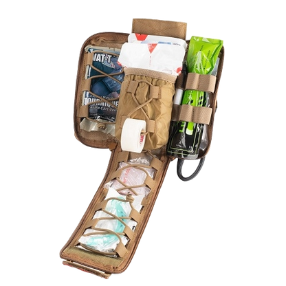 A compact first aid kit open to display various supplies, including bandages, gauze, tape, and tools.