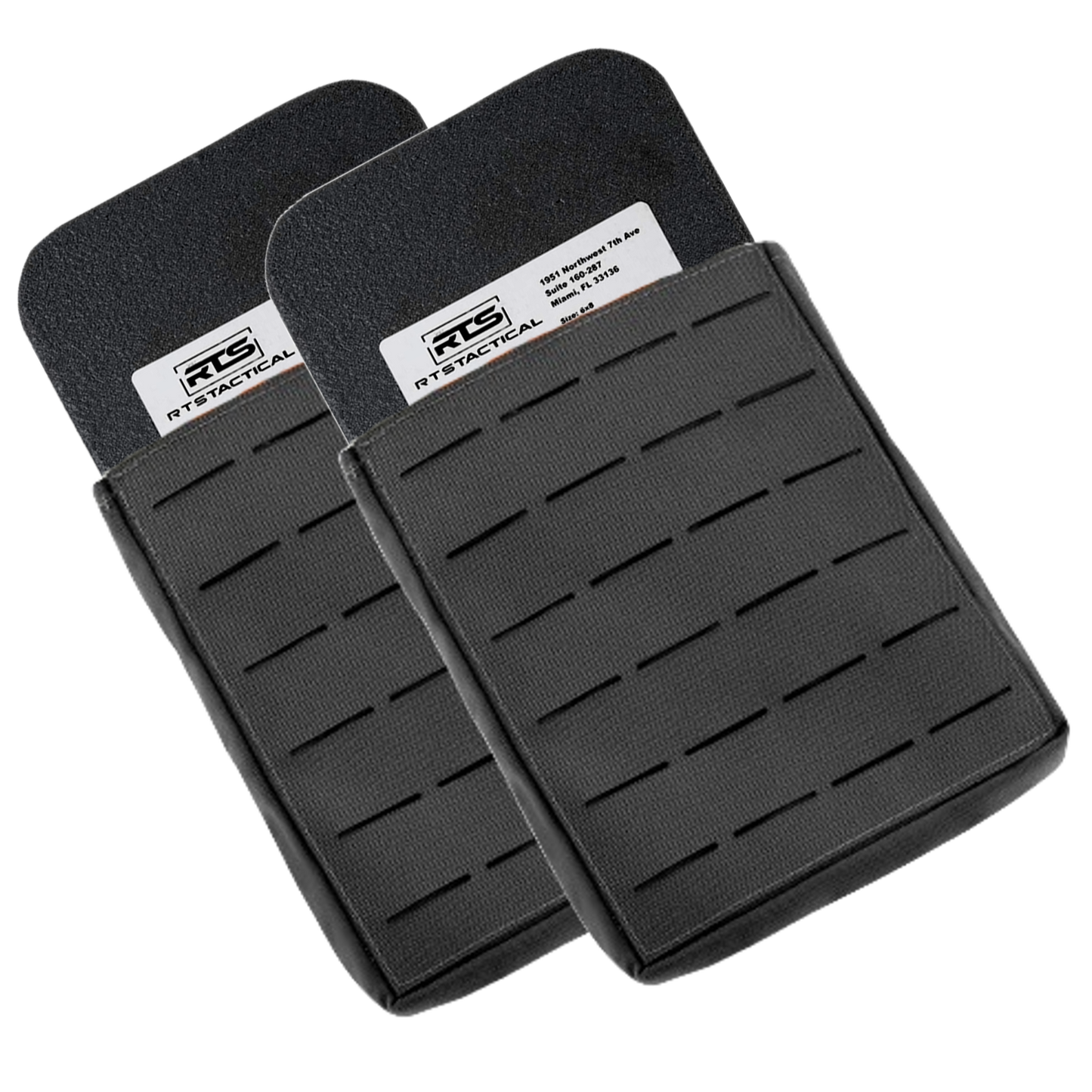 Two black tactical gear armor panels with a rugged texture are shown overlapping.