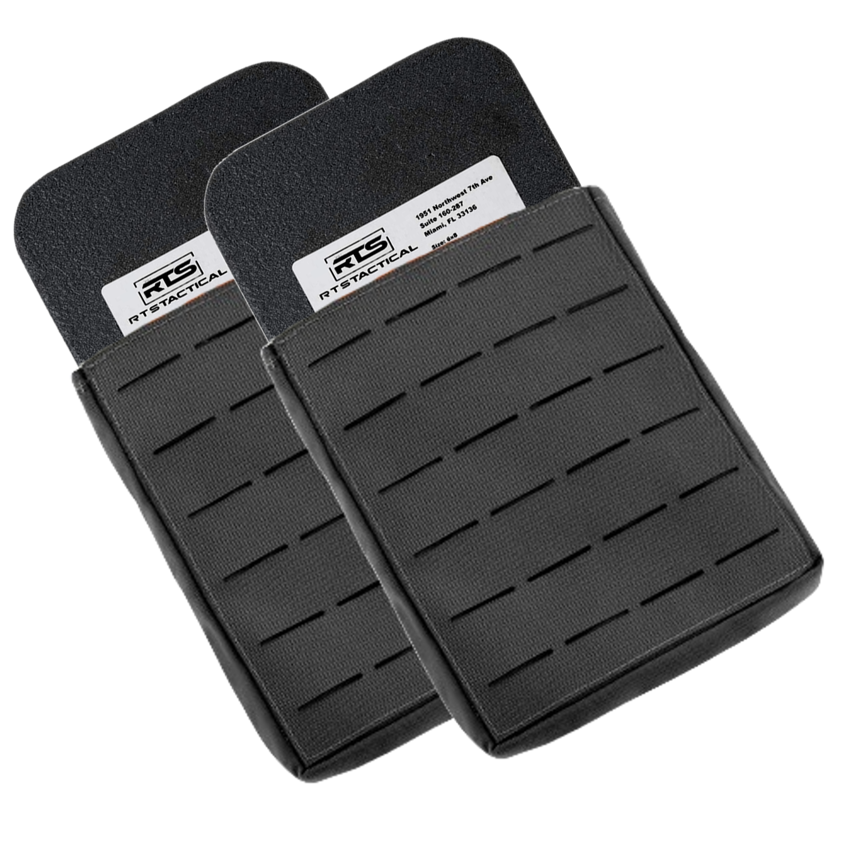Two black tactical gear armor panels with a rugged texture are shown overlapping.