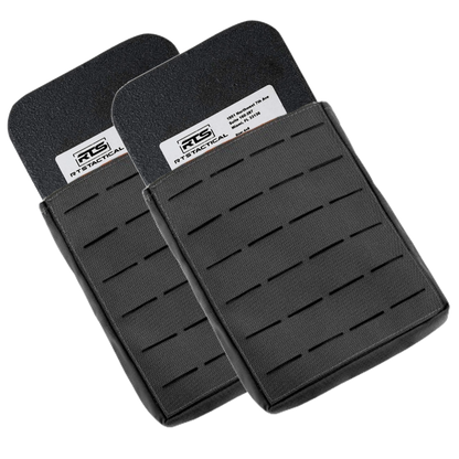 Two black tactical gear armor panels with a rugged texture are shown overlapping.
