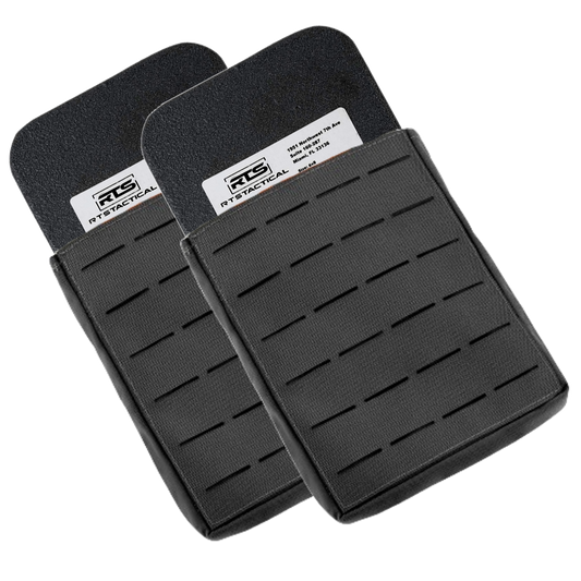 Two black tactical gear armor panels with a rugged texture are shown overlapping.