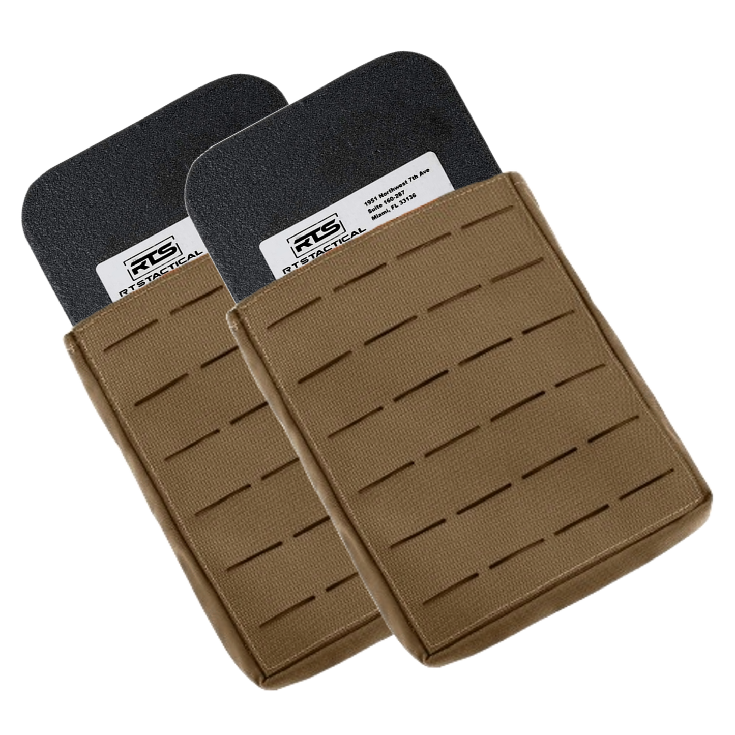 Two brown tactical armor plate holders with black armor planel inserts, featuring vertical slits for modular attachment.