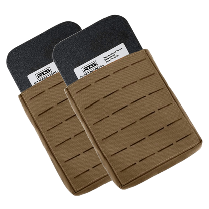 Two brown tactical armor plate holders with black armor planel inserts, featuring vertical slits for modular attachment.