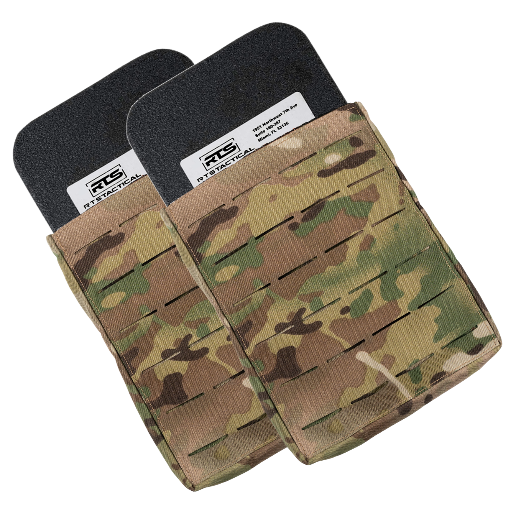 Two camouflage-colored tactical pouches hold black protective armor plates, partially visible.
