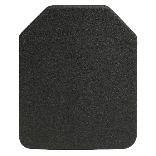 Black, flat ballistic plate with rounded corners, designed for body armor protection.