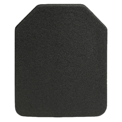 Black, flat ballistic plate with rounded corners, designed for body armor protection.