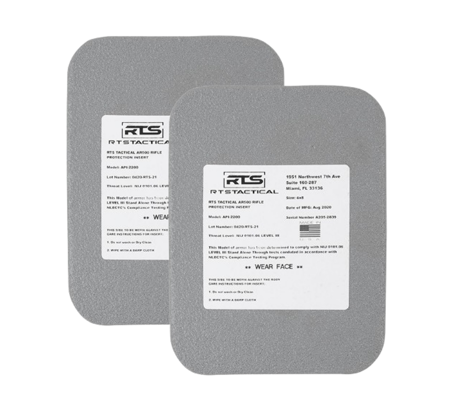 Two gray tactical rifle protection inserts with white labels showing the RTS Tactical logo and text about model and threat level.