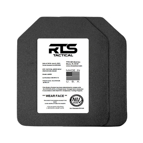 RTS Tactical armor plate in black with angled edges. Features a label with manufacturing details, American flag, company logo, and NIJ rating.