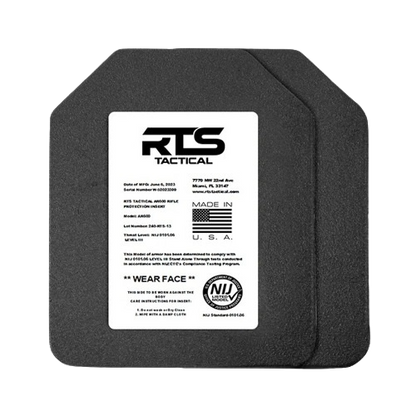 RTS Tactical armor plate in black with angled edges. Features a label with manufacturing details, American flag, company logo, and NIJ rating.