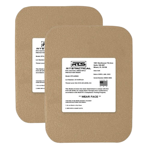 Two tan ballistic armor plates with white labels featuring technical specifications and NIJ rating.