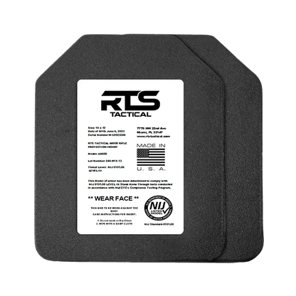 RTS Tactical armor plate in black with angled edges. Features a label with manufacturing details, American flag, company logo, and NIJ rating.