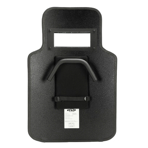 A black tactical riot shield with a rectangular viewport and a sturdy handle on the back, designed for law enforcement use.
