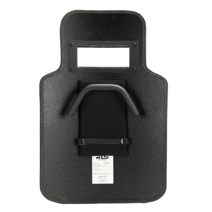 A black tactical riot shield with a rectangular viewport and a sturdy handle on the back, designed for law enforcement use.