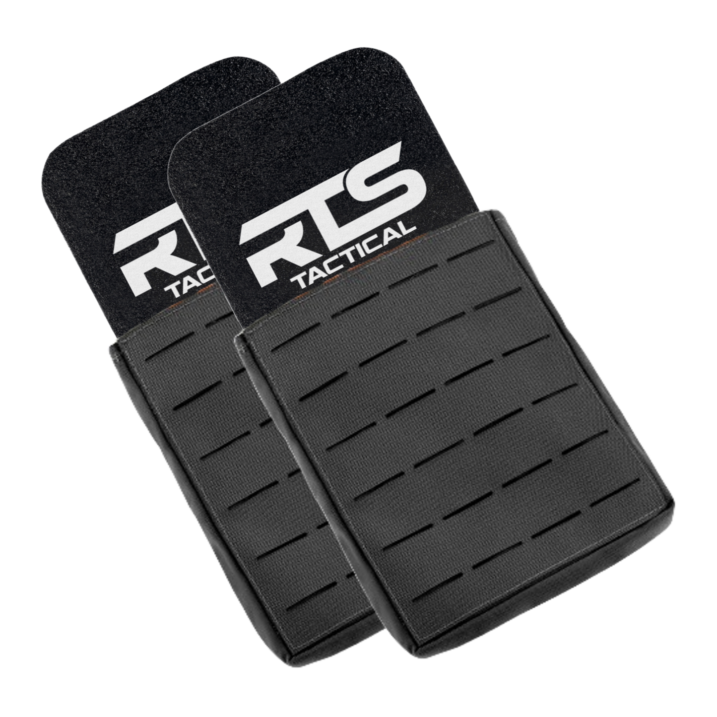 Two black RTS Tactical pouches with sleek, grid-like patterns are stacked, conveying a modern and sturdy design.