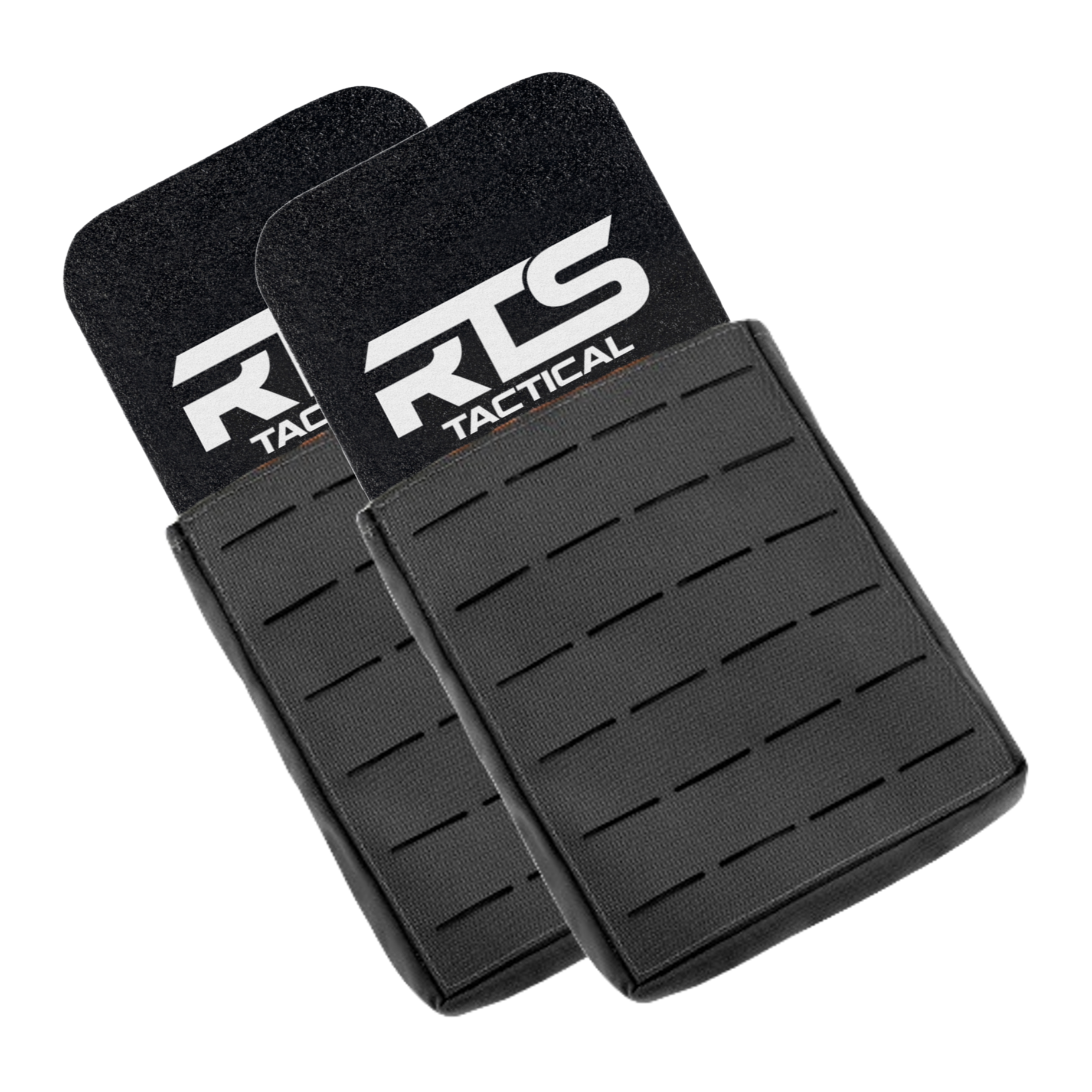 Two black RTS Tactical pouches with sleek, grid-like patterns are stacked, conveying a modern and sturdy design.