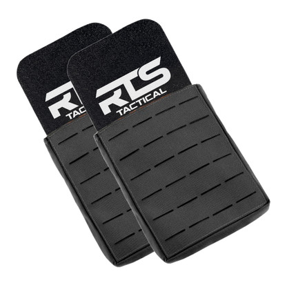 Two black RTS Tactical pouches with sleek, grid-like patterns are stacked, conveying a modern and sturdy design.