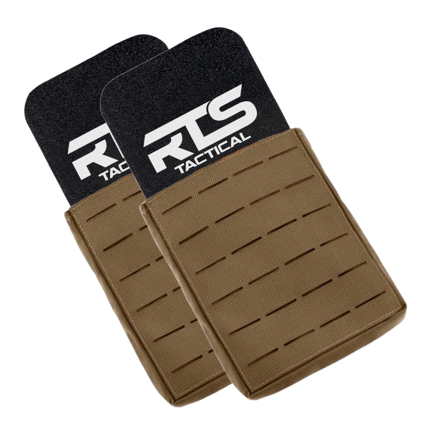 Two RTS Tactical tan pouches with black tops, featuring a logo. They have a modular design with sleek horizontal slits, conveying a functional, military style.