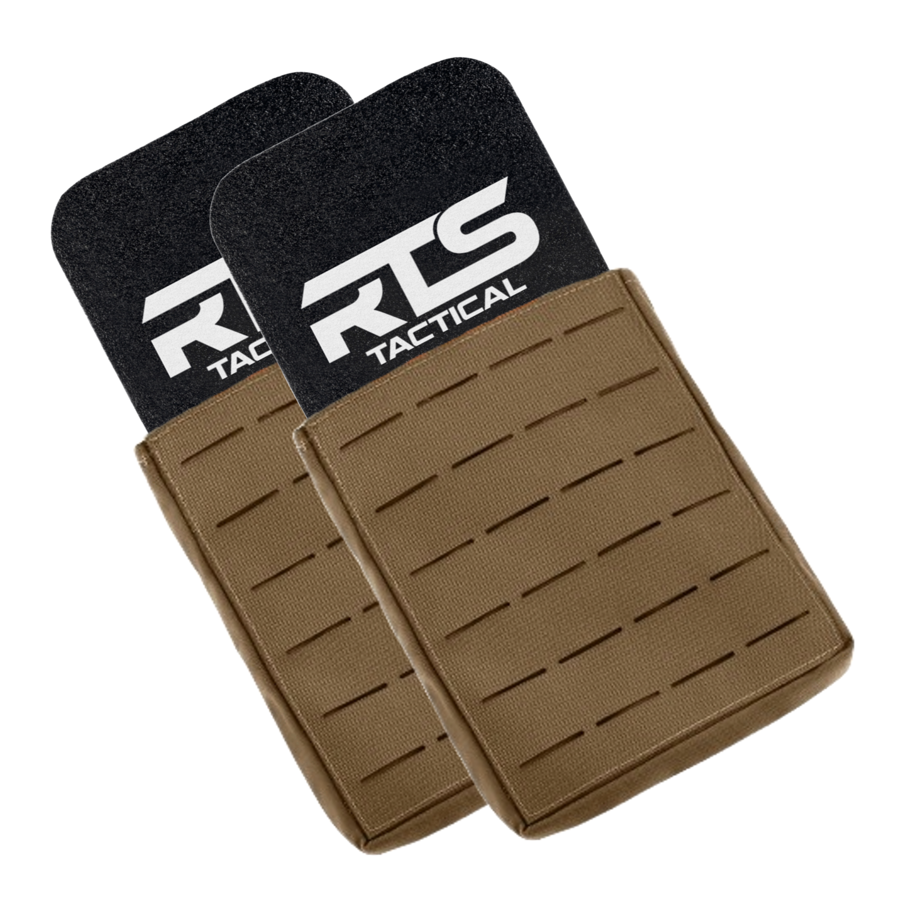 Two RTS Tactical tan pouches with black tops, featuring a logo. They have a modular design with sleek horizontal slits, conveying a functional, military style.