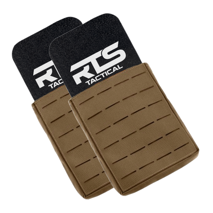Two RTS Tactical tan pouches with black tops, featuring a logo. They have a modular design with sleek horizontal slits, conveying a functional, military style.
