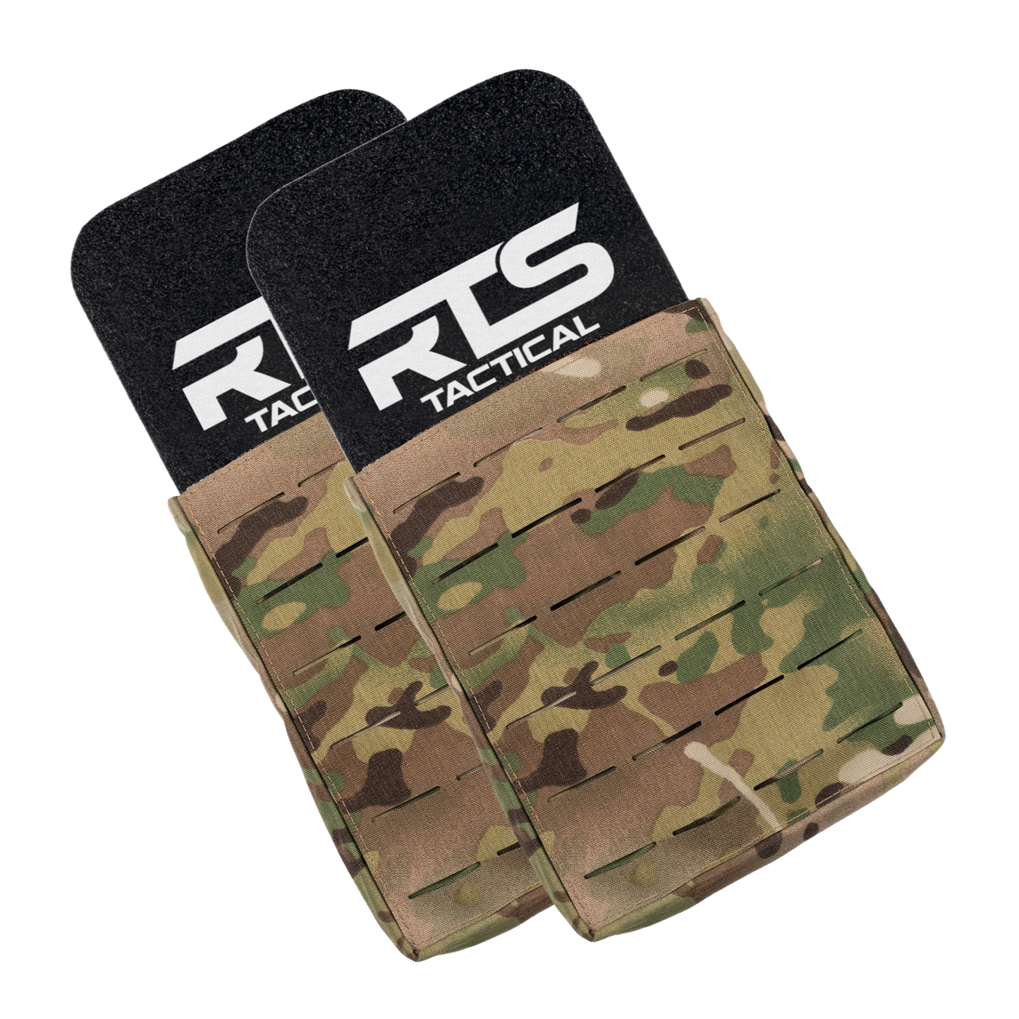 Dual tactical pouches in camouflage pattern, each holding an RTS Tactical plate with a prominent white logo.