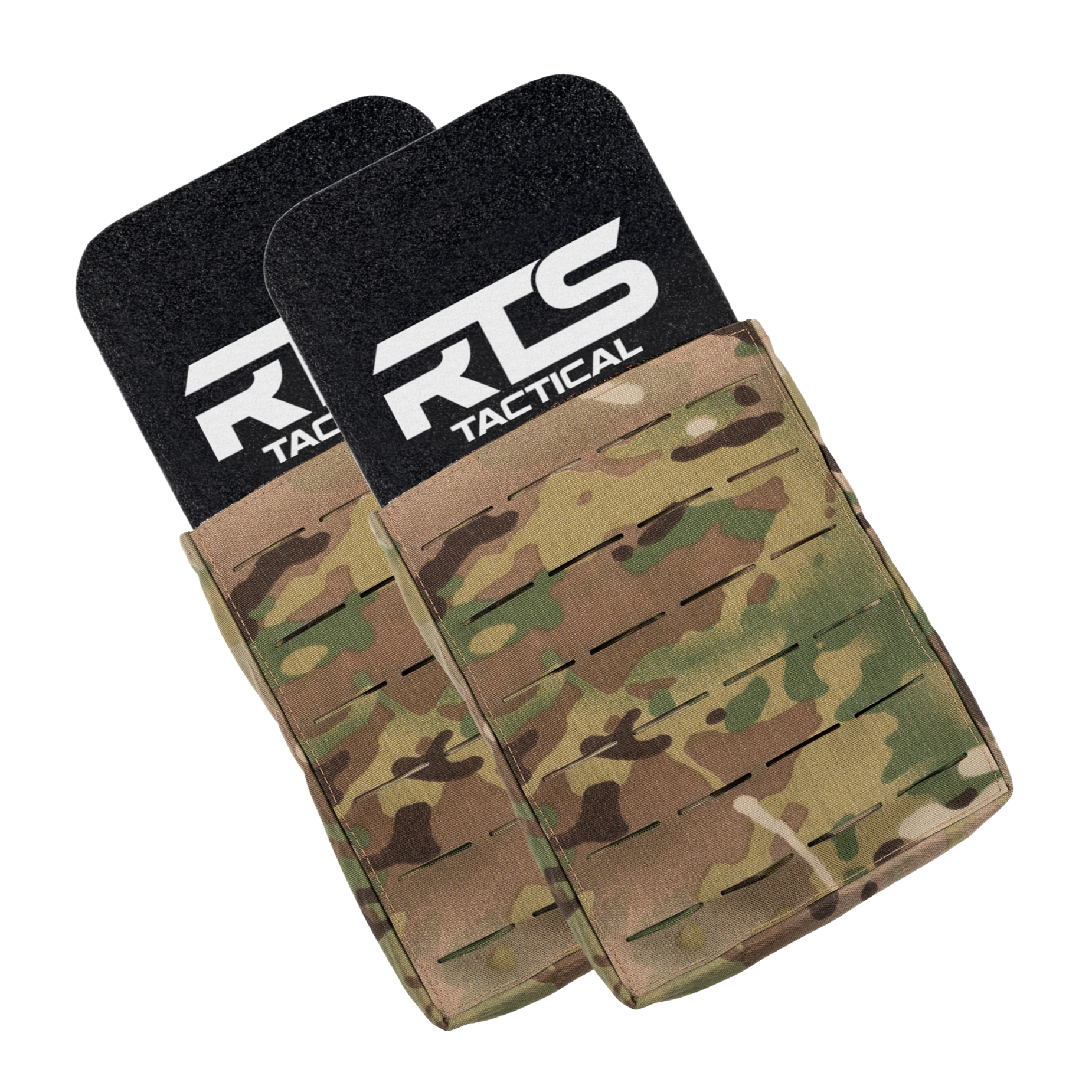 Dual tactical pouches in camouflage pattern, each holding an RTS Tactical plate with a prominent white logo.